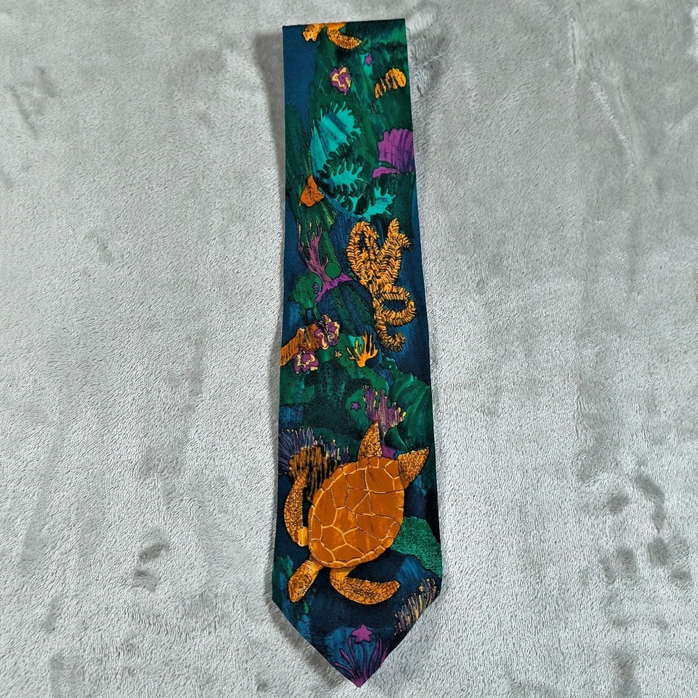 Vintage Sea Turtle Tie Mens Green World Wildlife Fund 90s Silk USA Coral Reefs